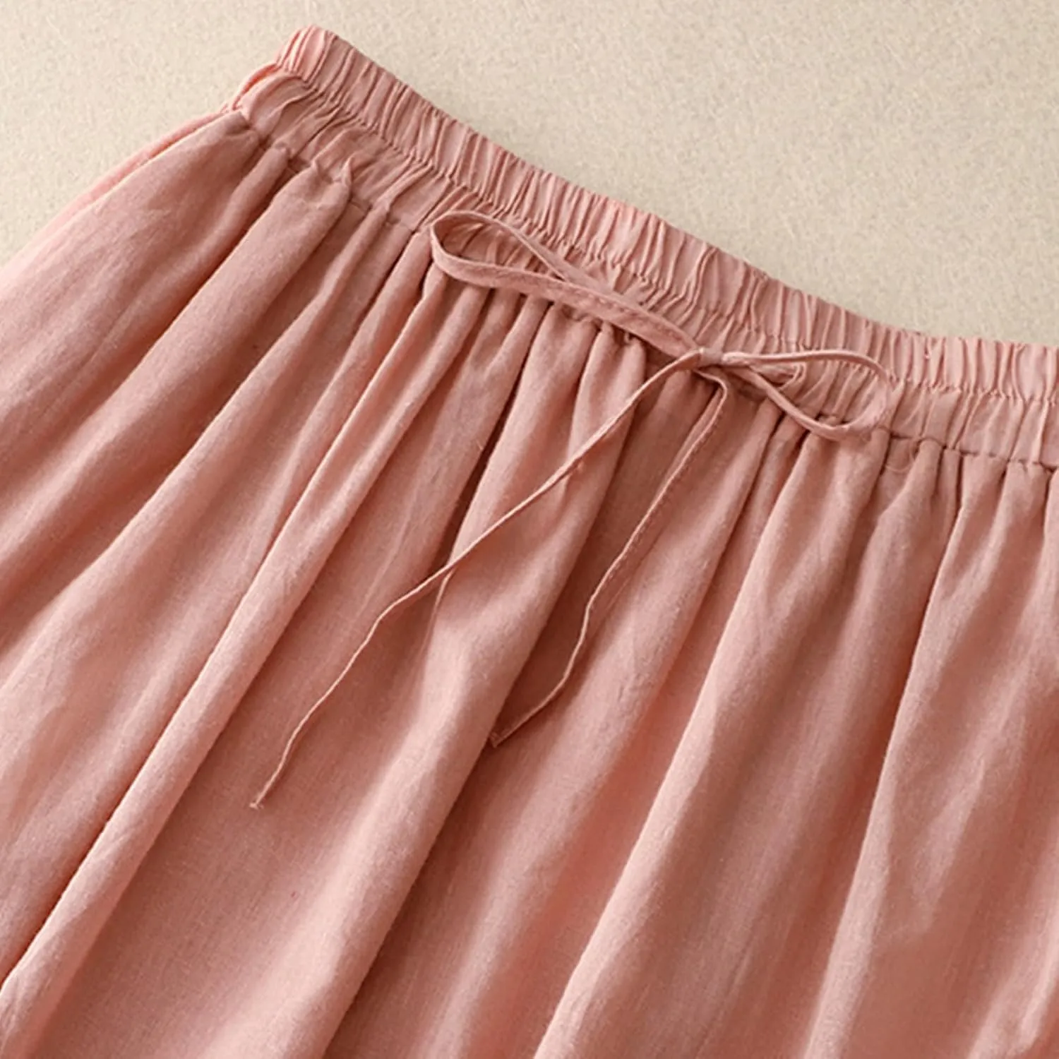 Women Lace Embroidered Hem Midi Skirt Summer Cotton Linen Pleated A-Line Skirts Elastic Tie High Waist Beach Skirt