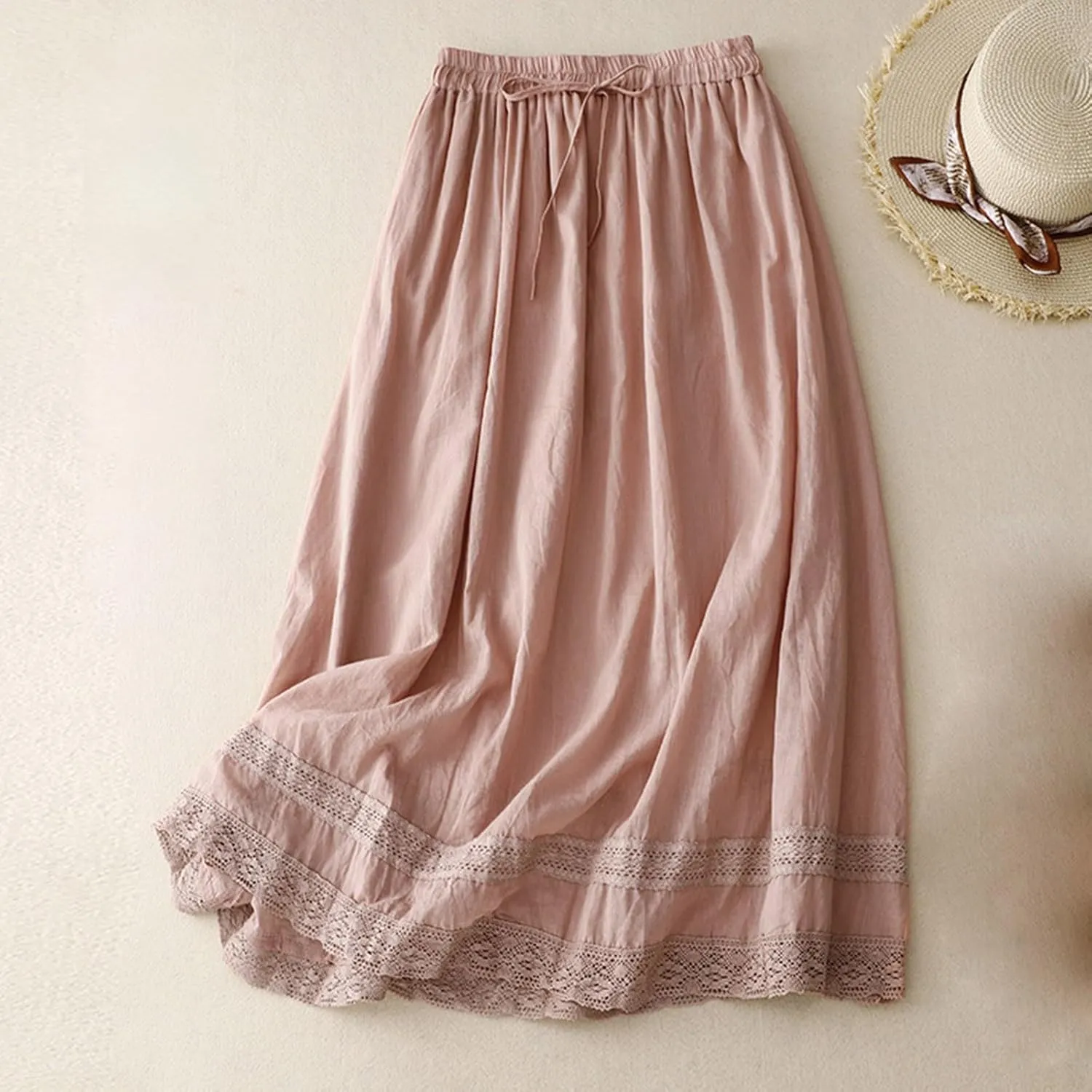 Women Lace Embroidered Hem Midi Skirt Summer Cotton Linen Pleated A-Line Skirts Elastic Tie High Waist Beach Skirt