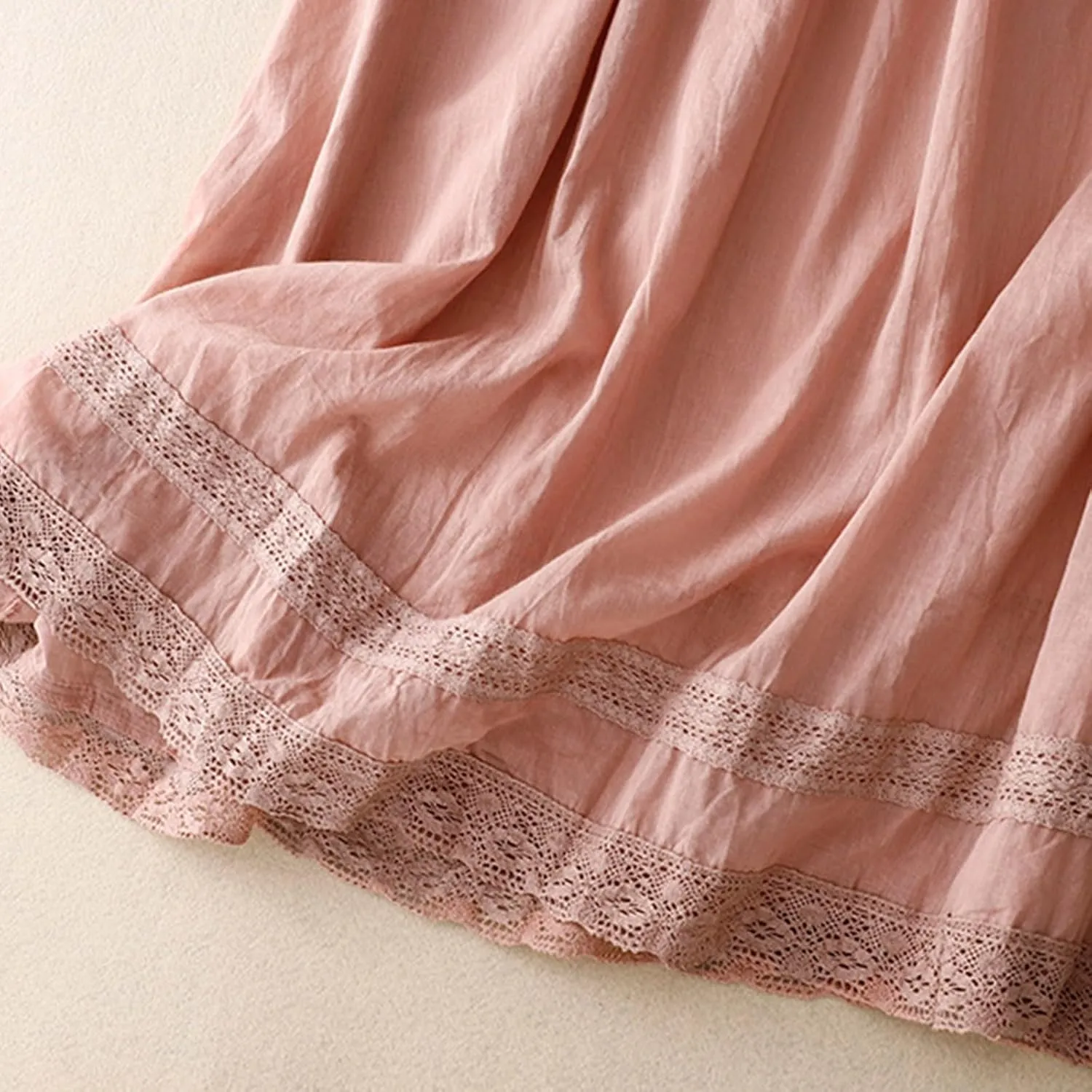 Women Lace Embroidered Hem Midi Skirt Summer Cotton Linen Pleated A-Line Skirts Elastic Tie High Waist Beach Skirt