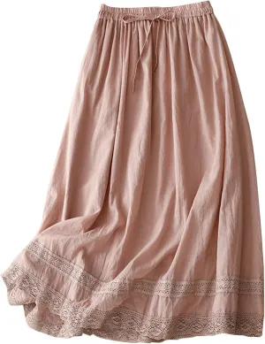 Women Lace Embroidered Hem Midi Skirt Summer Cotton Linen Pleated A-Line Skirts Elastic Tie High Waist Beach Skirt