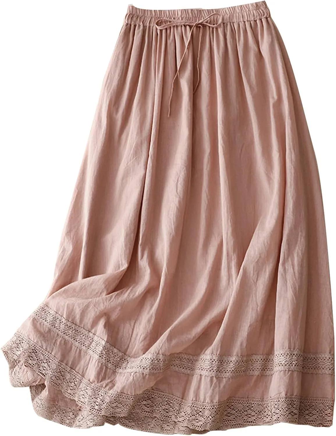 Women Lace Embroidered Hem Midi Skirt Summer Cotton Linen Pleated A-Line Skirts Elastic Tie High Waist Beach Skirt