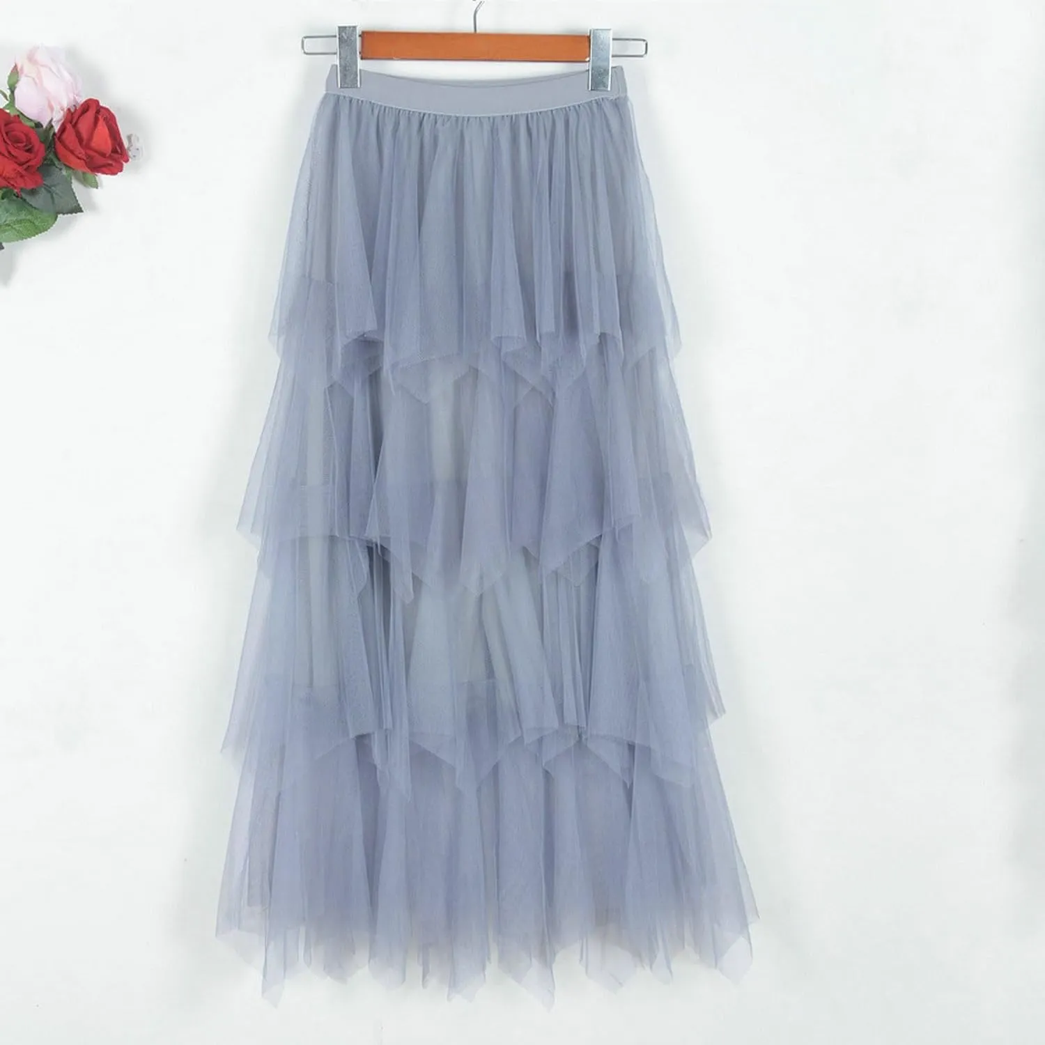 Women Tulle Skirts Layered Tutu Skirt Midi Length Elastic High Waist A Line Skirt Party Evening Mesh Skirt 2025
