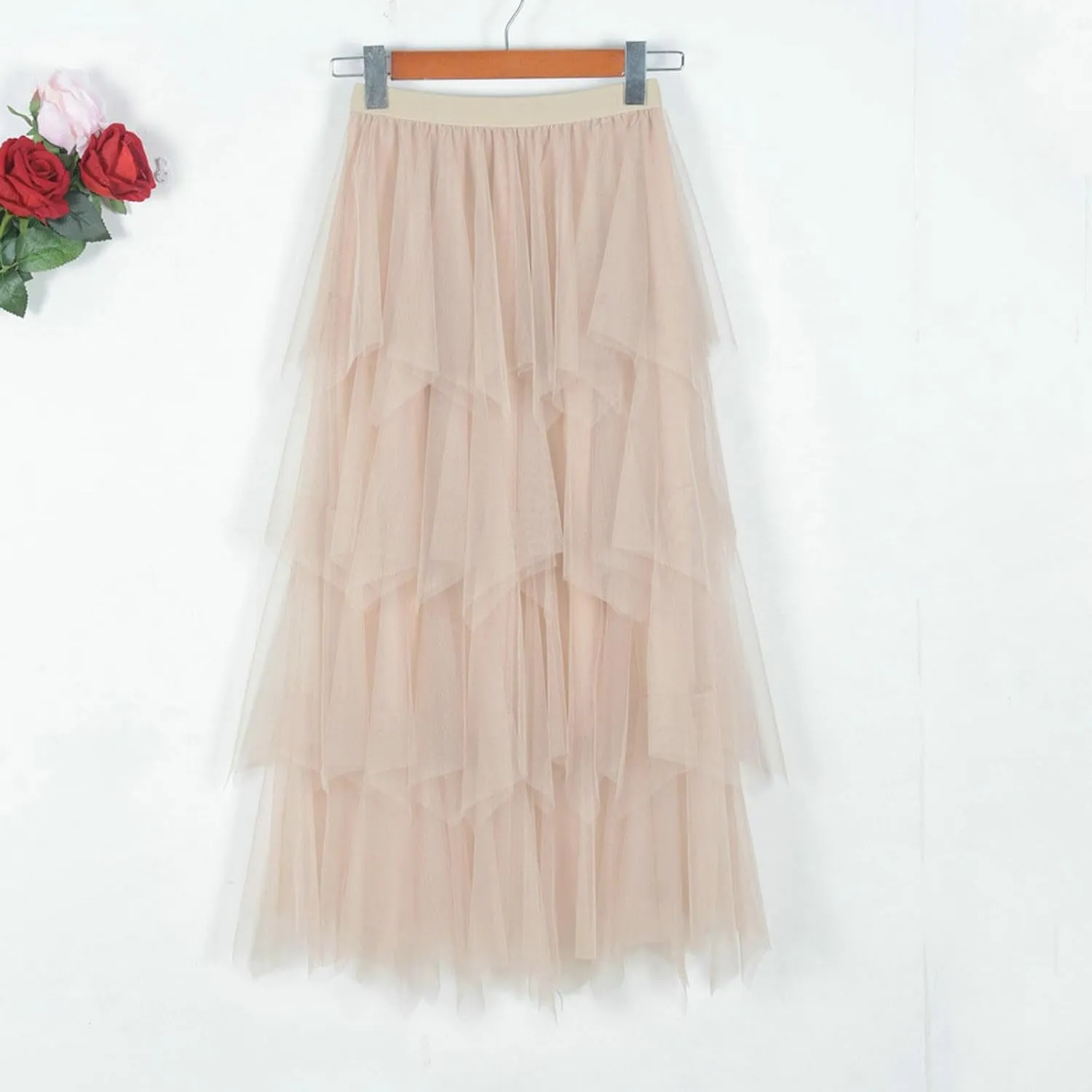 Women Tulle Skirts Layered Tutu Skirt Midi Length Elastic High Waist A Line Skirt Party Evening Mesh Skirt 2025