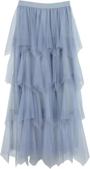 Women Tulle Skirts Layered Tutu Skirt Midi Length Elastic High Waist A Line Skirt Party Evening Mesh Skirt 2025