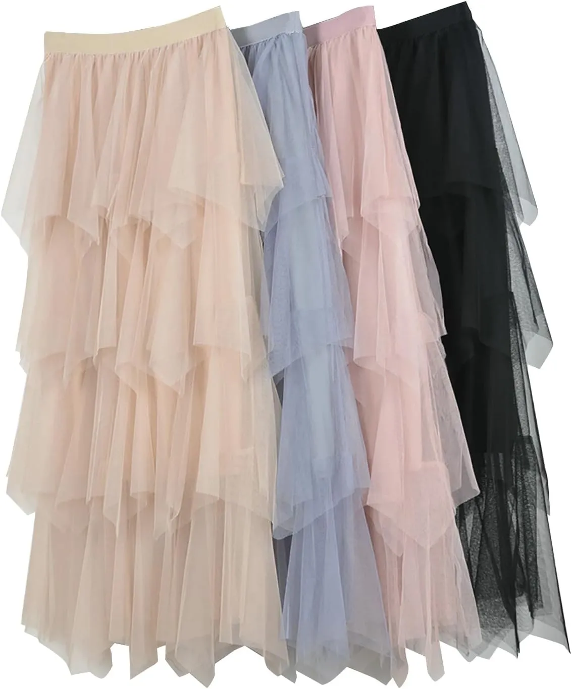 Women Tulle Skirts Layered Tutu Skirt Midi Length Elastic High Waist A Line Skirt Party Evening Mesh Skirt 2025
