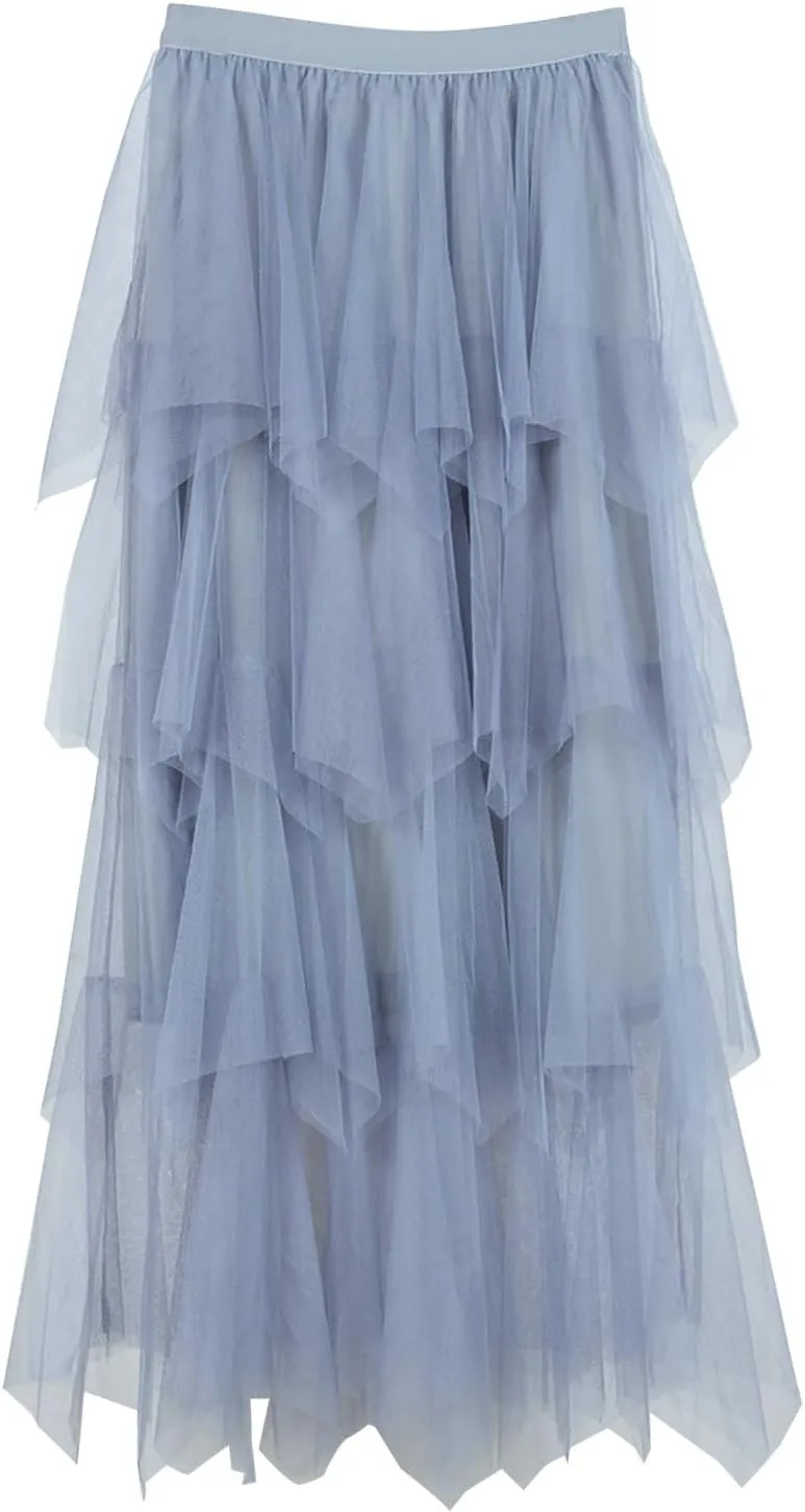 Women Tulle Skirts Layered Tutu Skirt Midi Length Elastic High Waist A Line Skirt Party Evening Mesh Skirt 2025