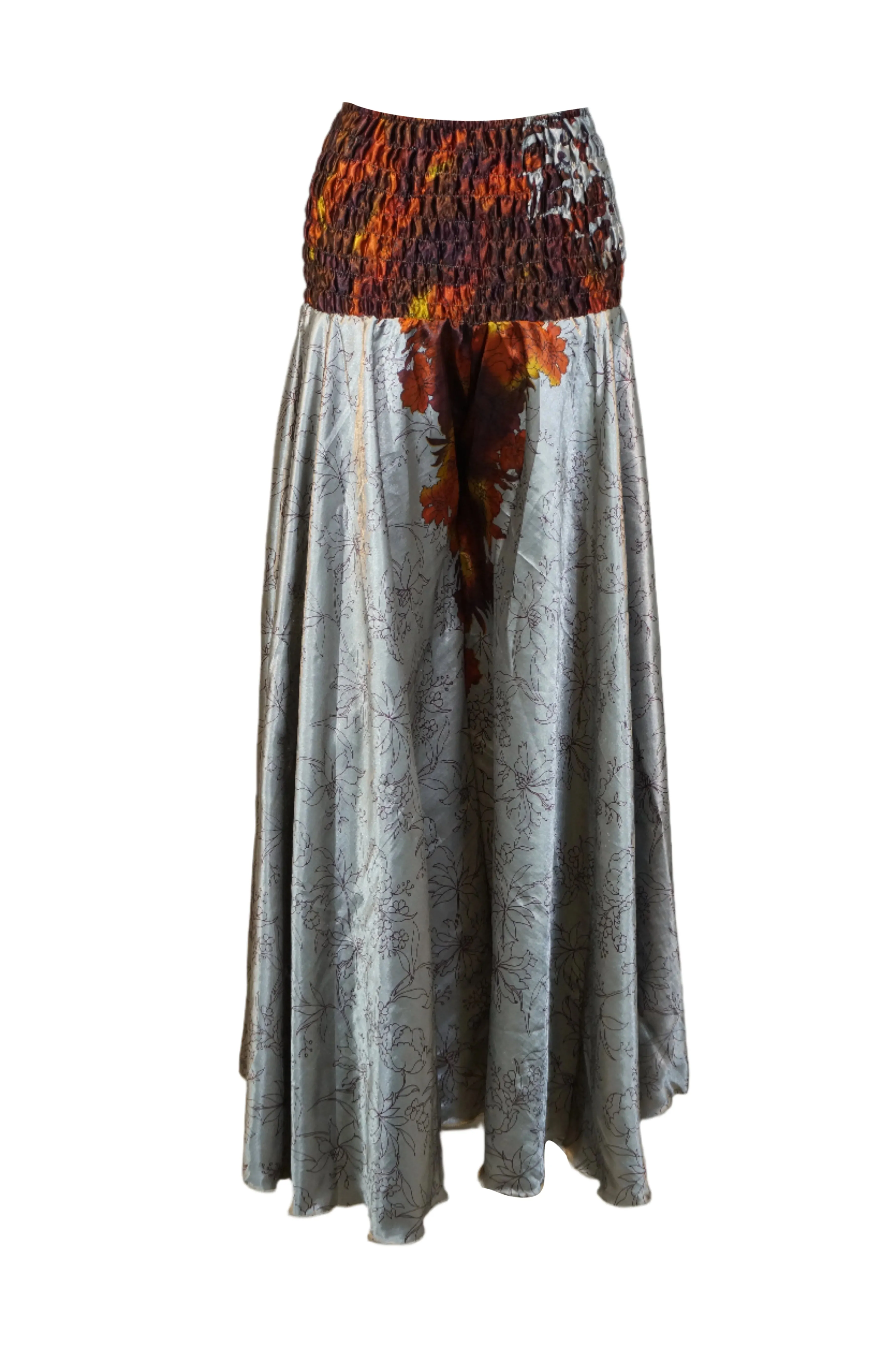 Women’s Bohemian Gray and Orange Floral Printed Wide-Leg Split Palazzo Pants SM