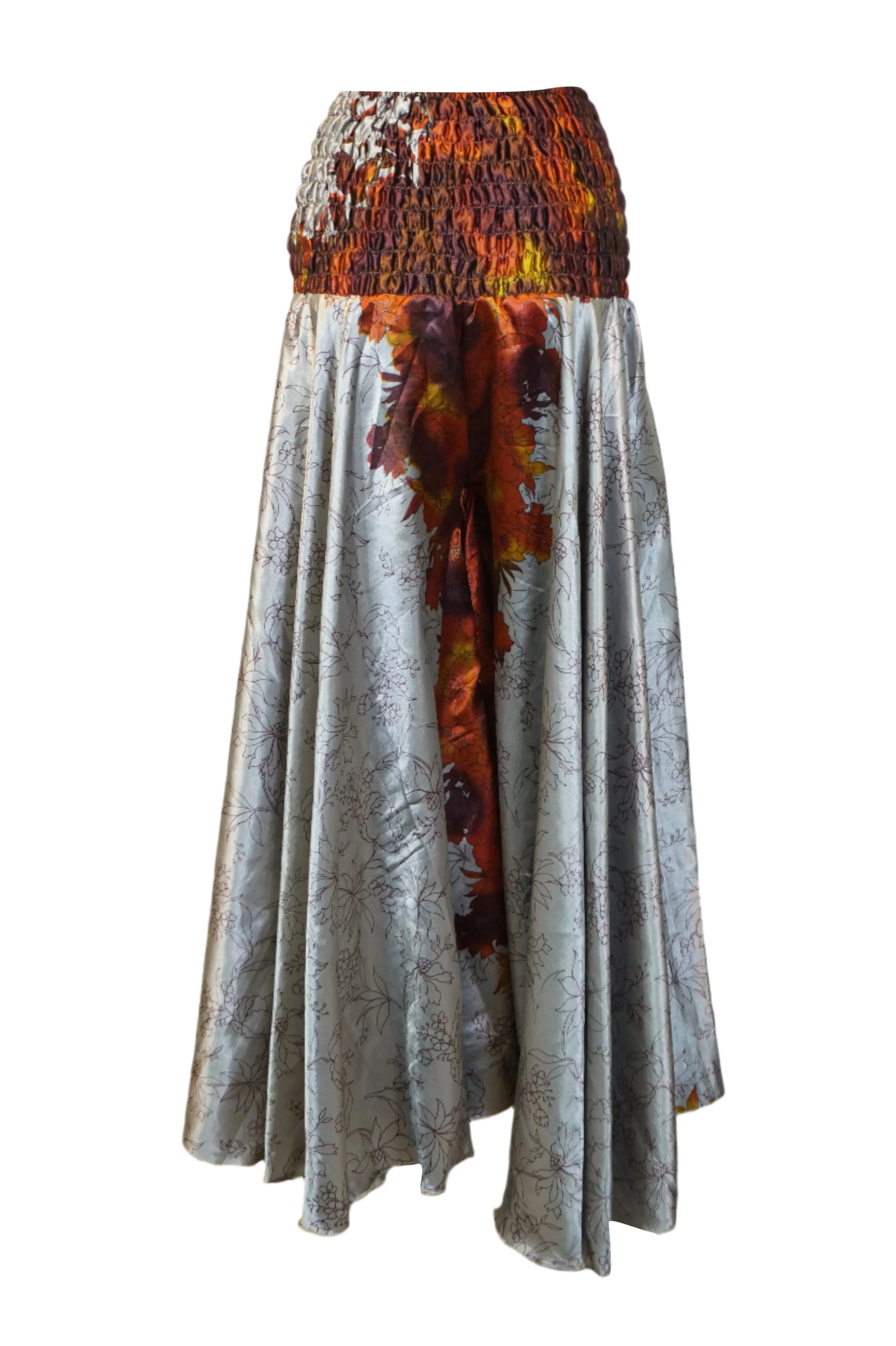 Women’s Bohemian Gray and Orange Floral Printed Wide-Leg Split Palazzo Pants SM