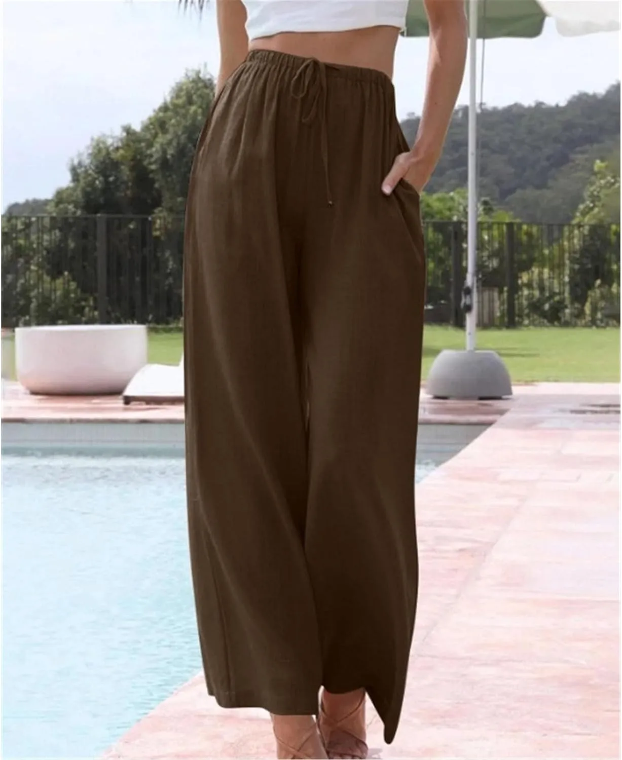 Women's Cotton Linen Summer Pants Flowy Wide Leg Beach Trousers
