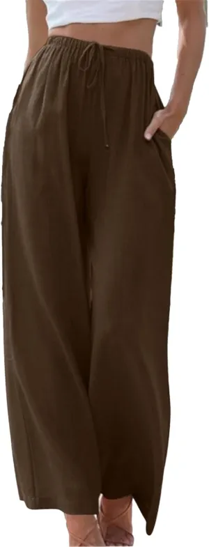 Women's Cotton Linen Summer Pants Flowy Wide Leg Beach Trousers