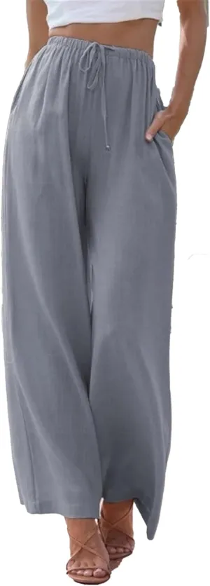 Women's Cotton Linen Summer Pants Flowy Wide Leg Beach Trousers