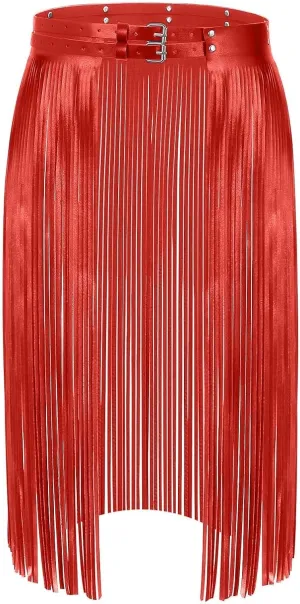 Womens Faux Leather Skirts 2025 Carnival Rave Party Tassel Skirt Sexy Studded Fringe Hem Solid Bodycon Skirts with Belt