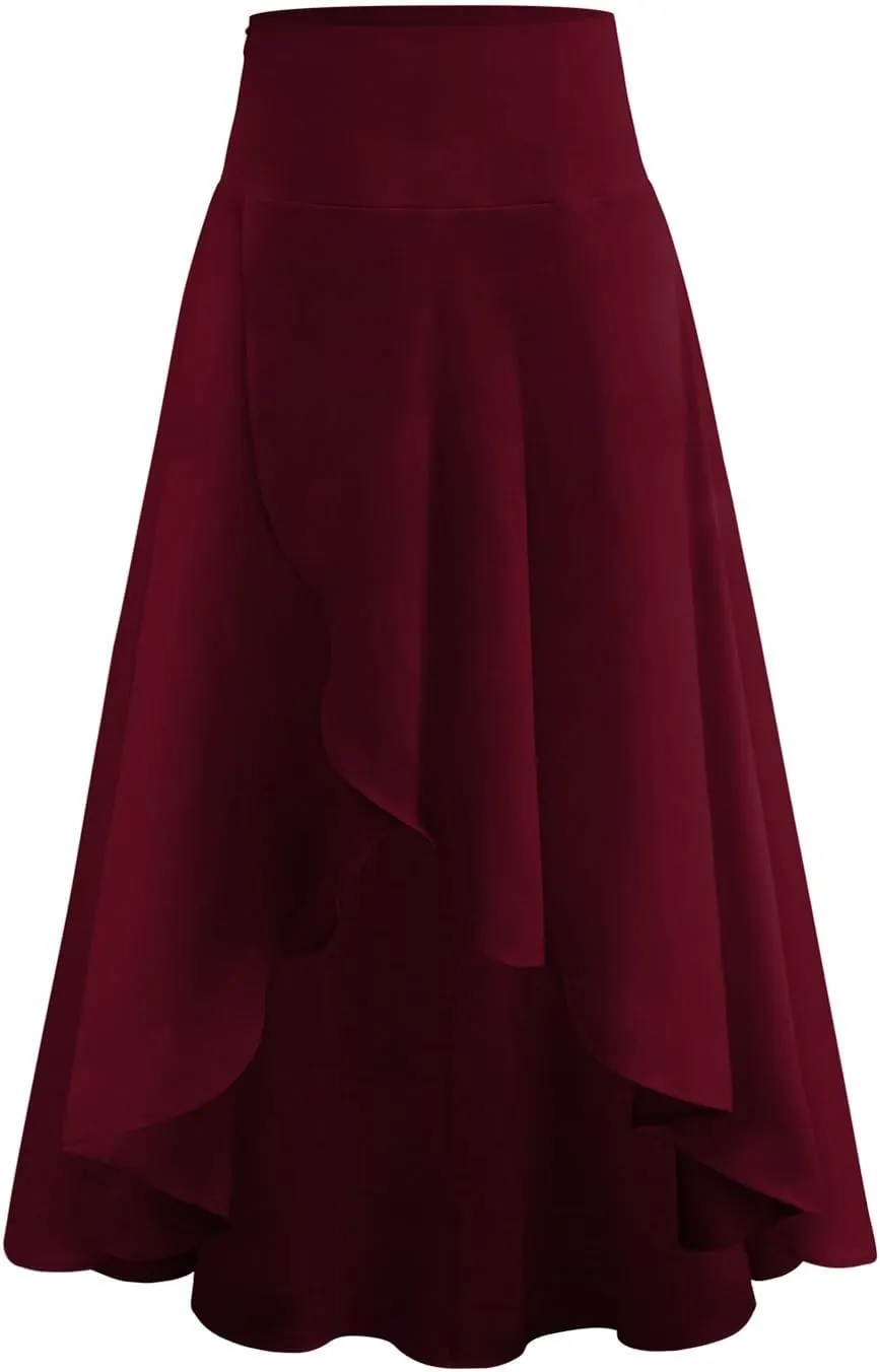 Womens High Wait Flounce Midi Long Skirt, Hem Split A-Line Maxi Skirt