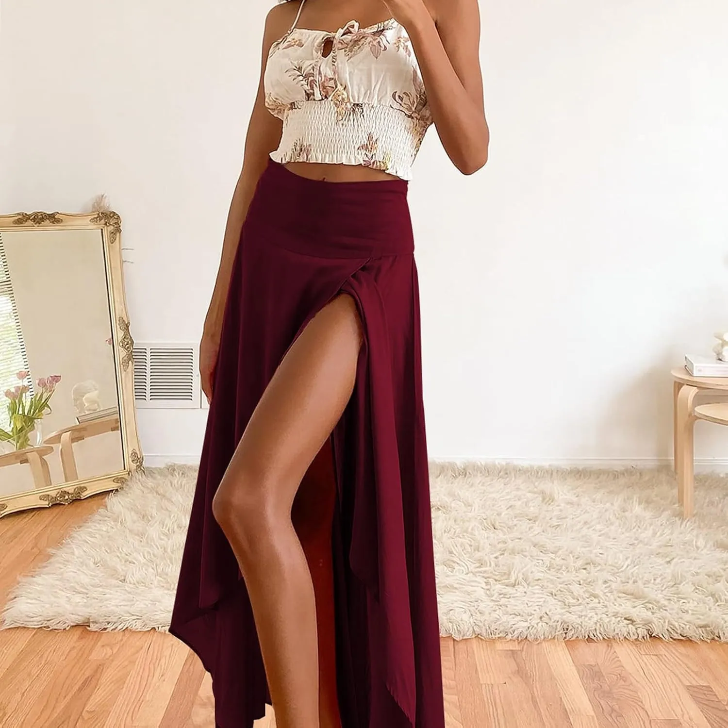 Womens High Wait Flounce Midi Long Skirt, Hem Split A-Line Maxi Skirt