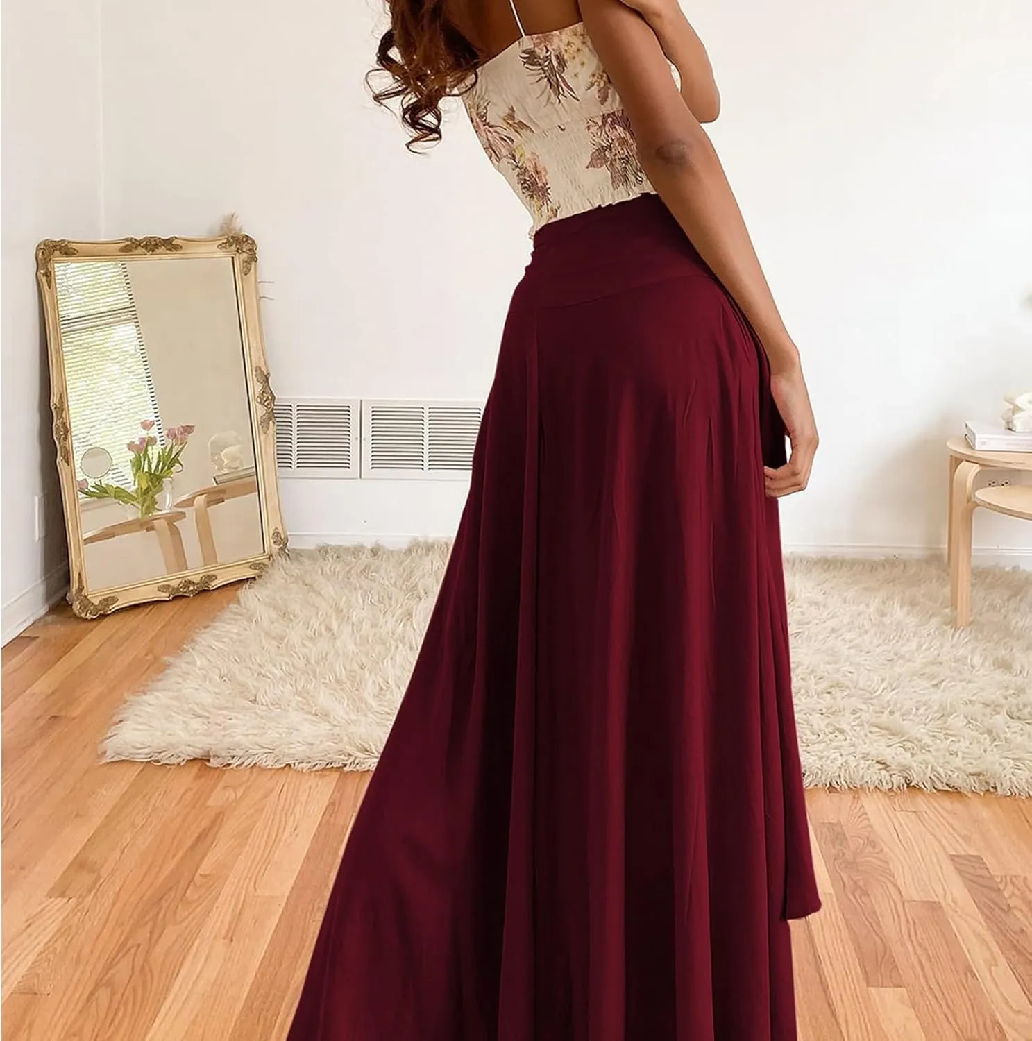 Womens High Wait Flounce Midi Long Skirt, Hem Split A-Line Maxi Skirt