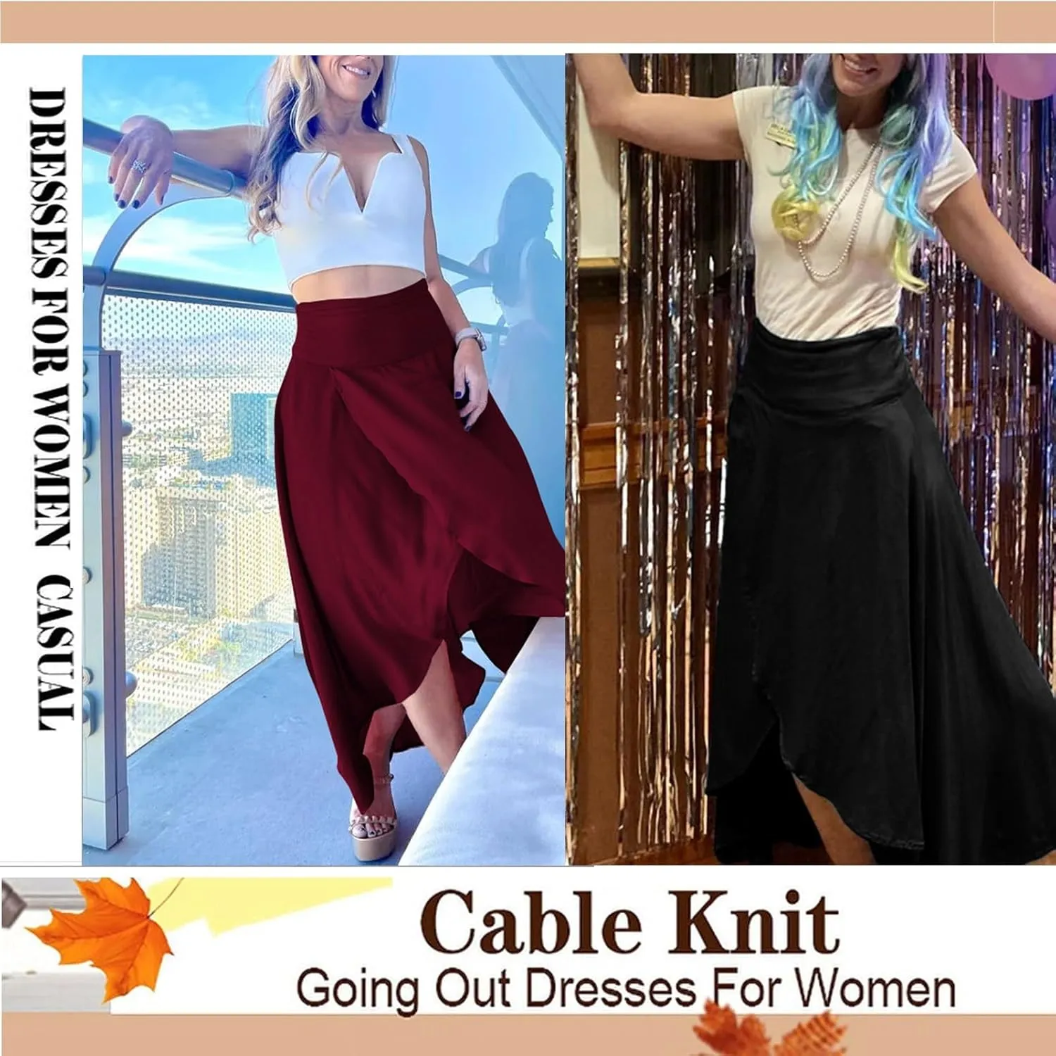 Womens High Wait Flounce Midi Long Skirt, Hem Split A-Line Maxi Skirt