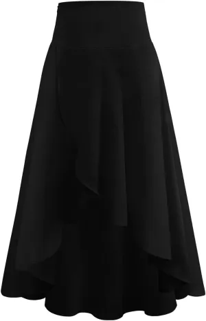 Womens High Wait Flounce Midi Long Skirt, Hem Split A-Line Maxi Skirt
