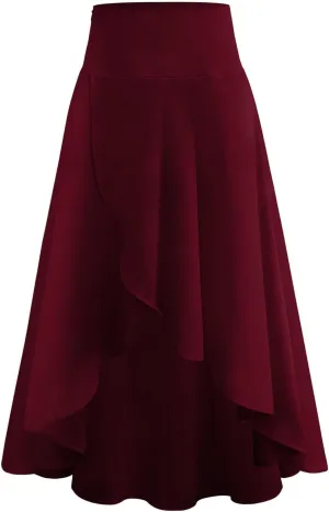 Womens High Wait Flounce Midi Long Skirt, Hem Split A-Line Maxi Skirt