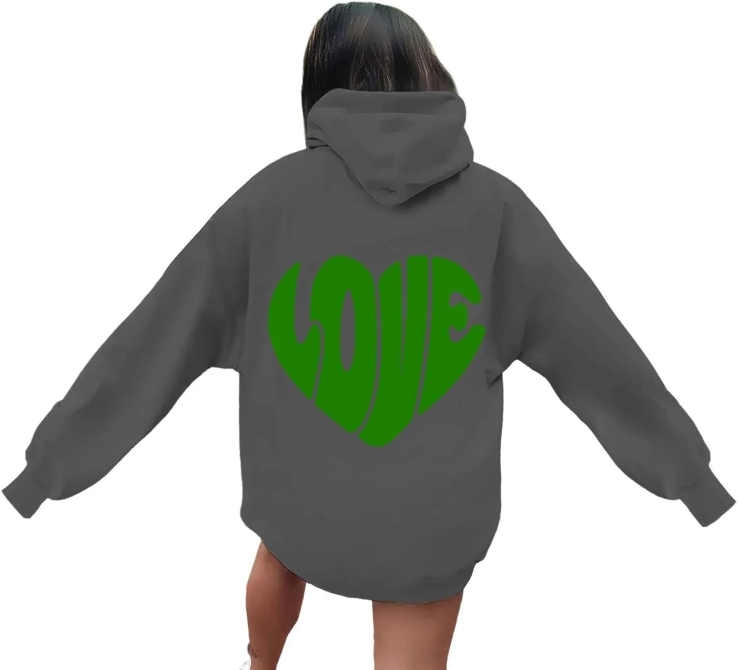 Women's Hoodies Heart Print Graphic Long Sleeve Oversized Sweatshirts Drawstring Pullover Top with Pockets