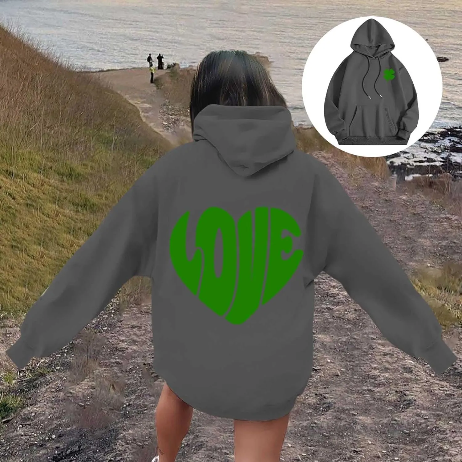 Women's Hoodies Heart Print Graphic Long Sleeve Oversized Sweatshirts Drawstring Pullover Top with Pockets