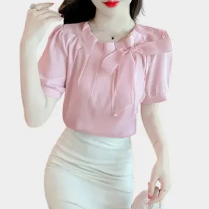 Womens O-Neck Chiffon Blouse  Elegant Pleated Short Sleeve Top with Bow Detail  Lightweight Relaxed Fit Shirt  Multiple Colours
