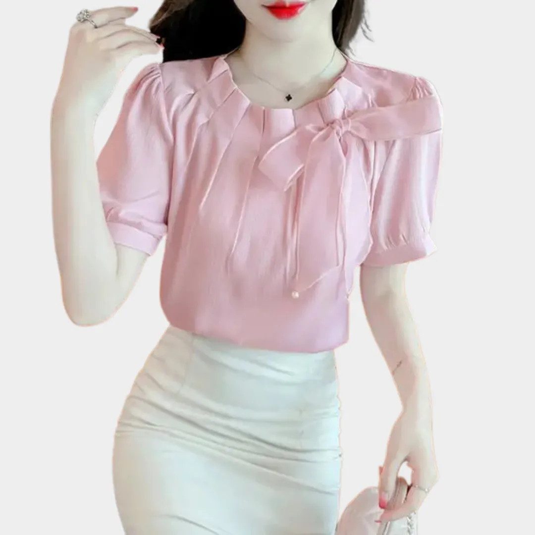 Womens O-Neck Chiffon Blouse  Elegant Pleated Short Sleeve Top with Bow Detail  Lightweight Relaxed Fit Shirt  Multiple Colours
