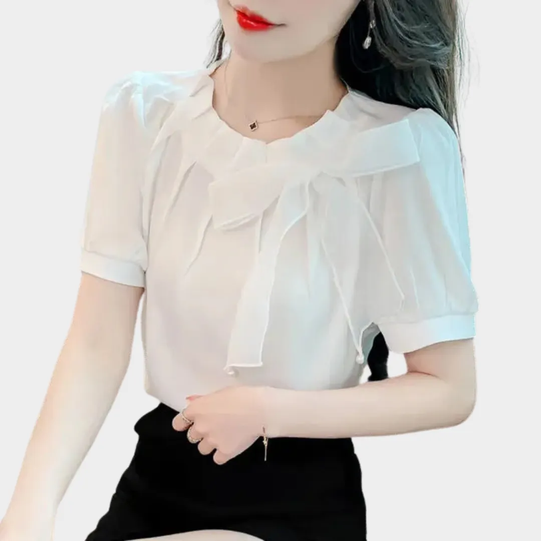 Womens O-Neck Chiffon Blouse  Elegant Pleated Short Sleeve Top with Bow Detail  Lightweight Relaxed Fit Shirt  Multiple Colours