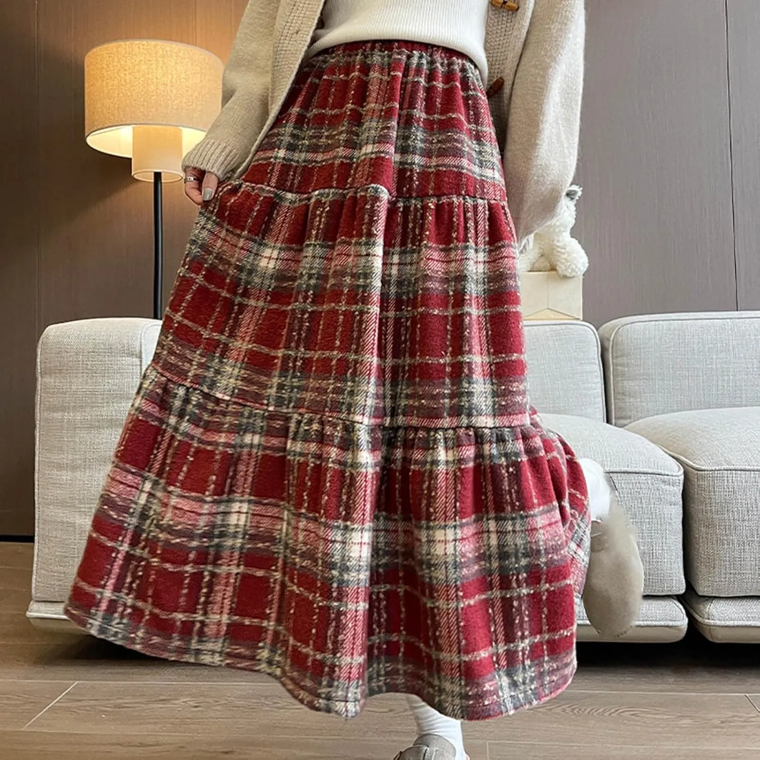 Womens Plaid Skirt Fall Winter Fashion Retro Elastic High Waisted Pleated Skirts Casual Fashion A Line Swing Skirts