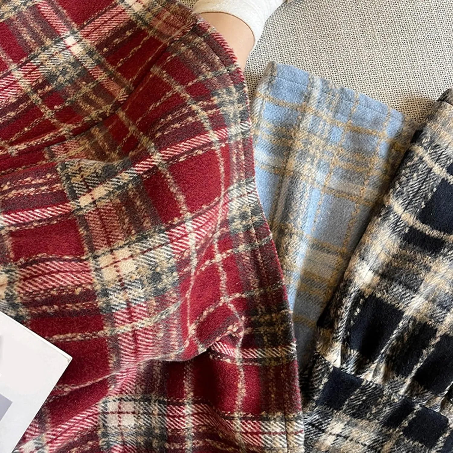 Womens Plaid Skirt Fall Winter Fashion Retro Elastic High Waisted Pleated Skirts Casual Fashion A Line Swing Skirts