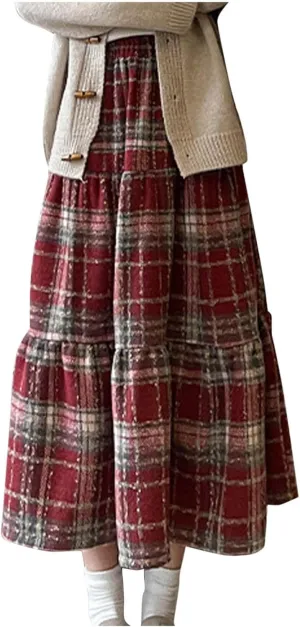 Womens Plaid Skirt Fall Winter Fashion Retro Elastic High Waisted Pleated Skirts Casual Fashion A Line Swing Skirts