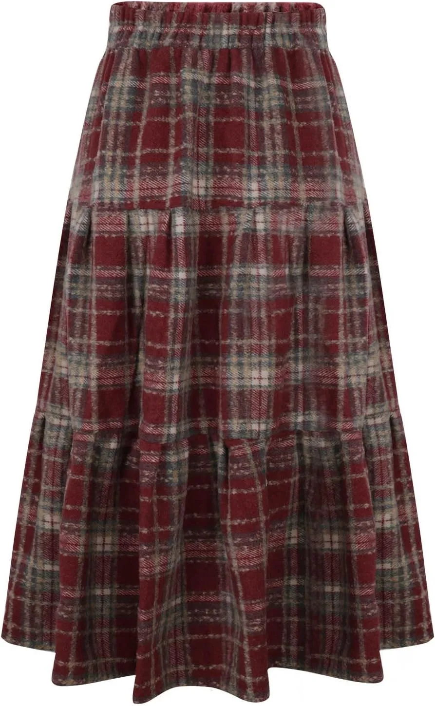 Womens Plaid Skirt Fall Winter Fashion Retro Elastic High Waisted Pleated Skirts Casual Fashion A Line Swing Skirts