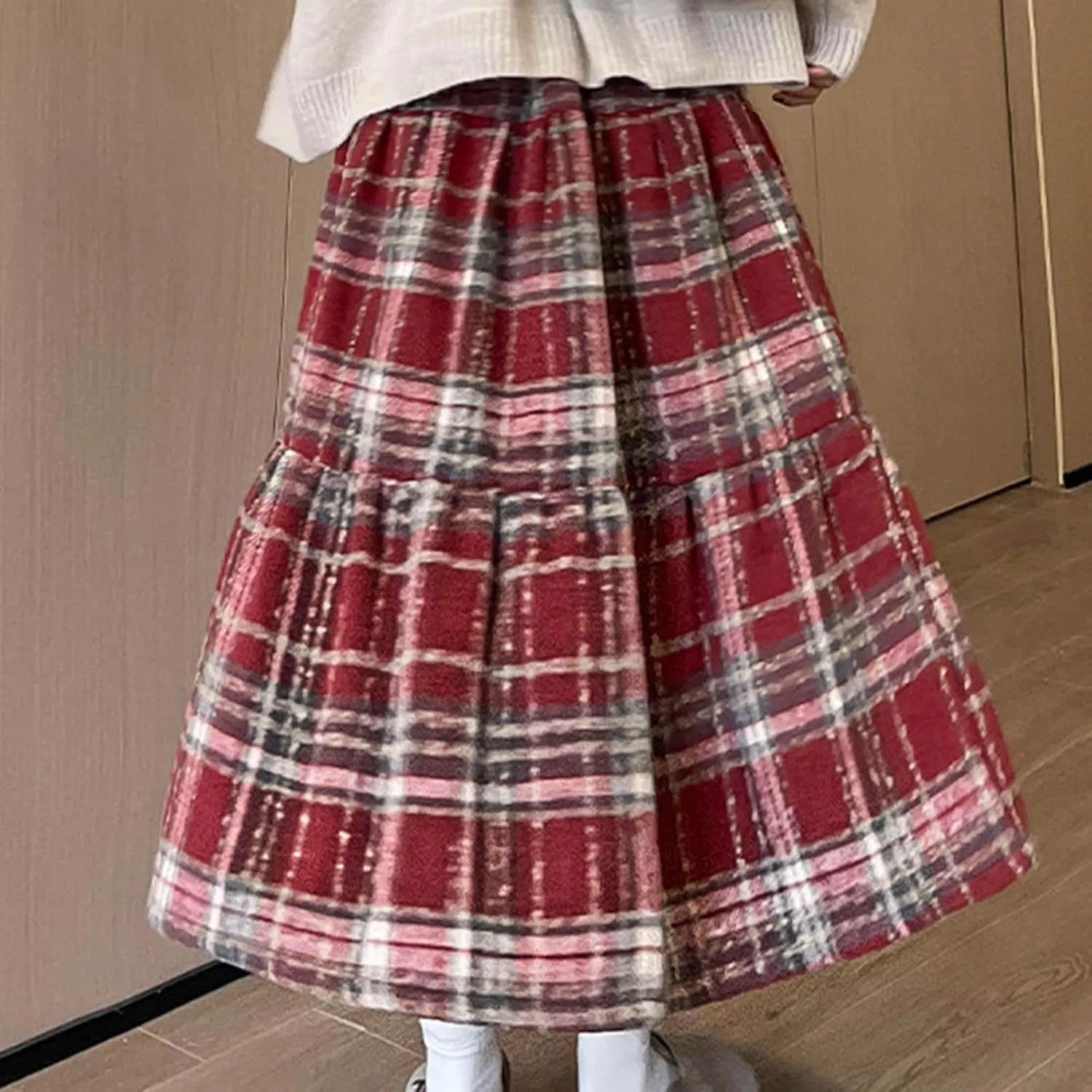Womens Plaid Skirt Fall Winter Fashion Retro Elastic High Waisted Pleated Skirts Casual Fashion A Line Swing Skirts