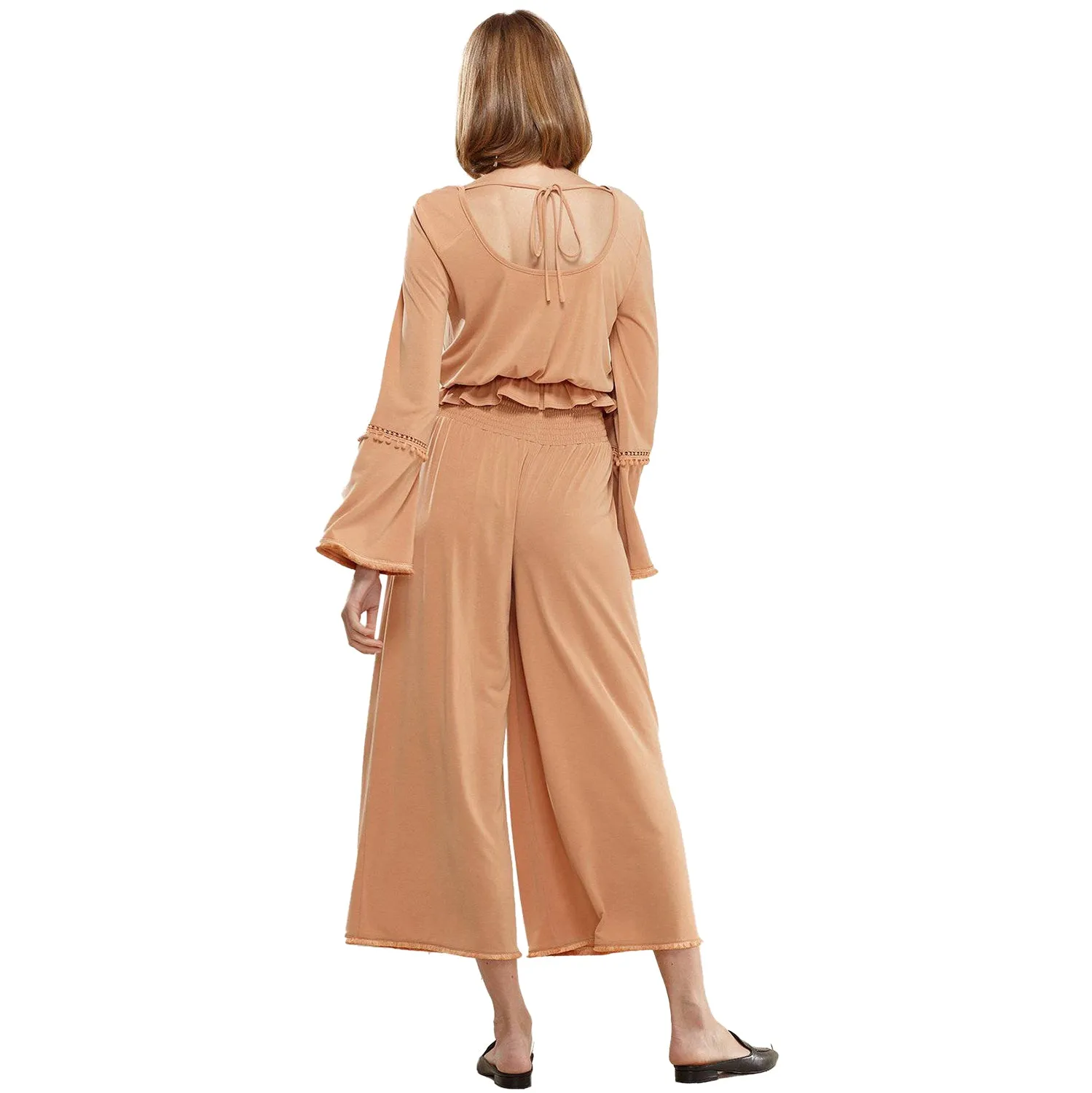 Women's Smocked Waist Wide Leg Palazzo Pants in Apricot