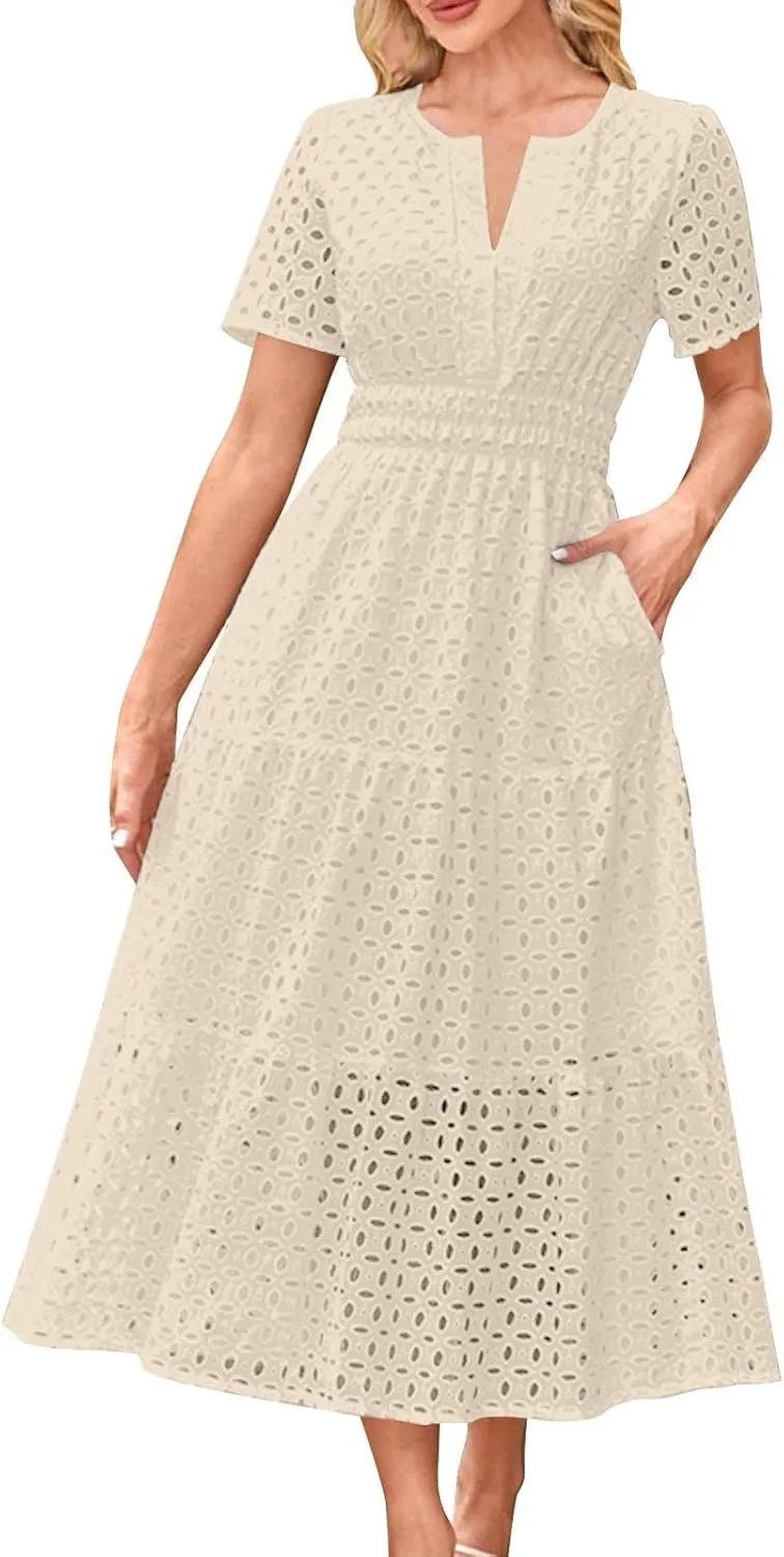 Women's Summer Short Sleeve A-Line Midi Dresses Casual Solid Color Long Dress Flowy Beach Sundress with Pockets S-XXL