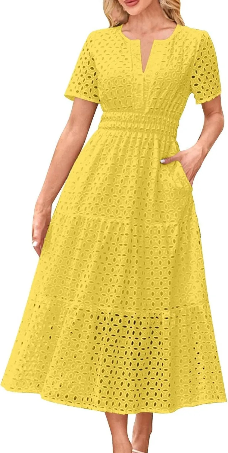Women's Summer Short Sleeve A-Line Midi Dresses Casual Solid Color Long Dress Flowy Beach Sundress with Pockets S-XXL