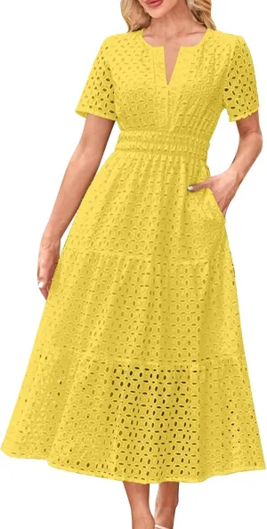 Women's Summer Short Sleeve A-Line Midi Dresses Casual Solid Color Long Dress Flowy Beach Sundress with Pockets S-XXL