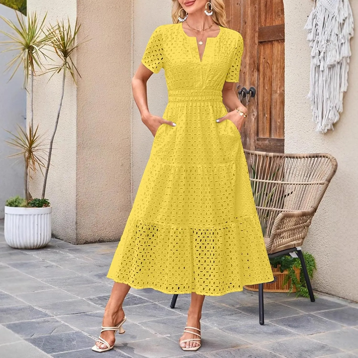 Women's Summer Short Sleeve A-Line Midi Dresses Casual Solid Color Long Dress Flowy Beach Sundress with Pockets S-XXL