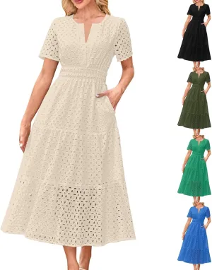 Women's Summer Short Sleeve A-Line Midi Dresses Casual Solid Color Long Dress Flowy Beach Sundress with Pockets S-XXL