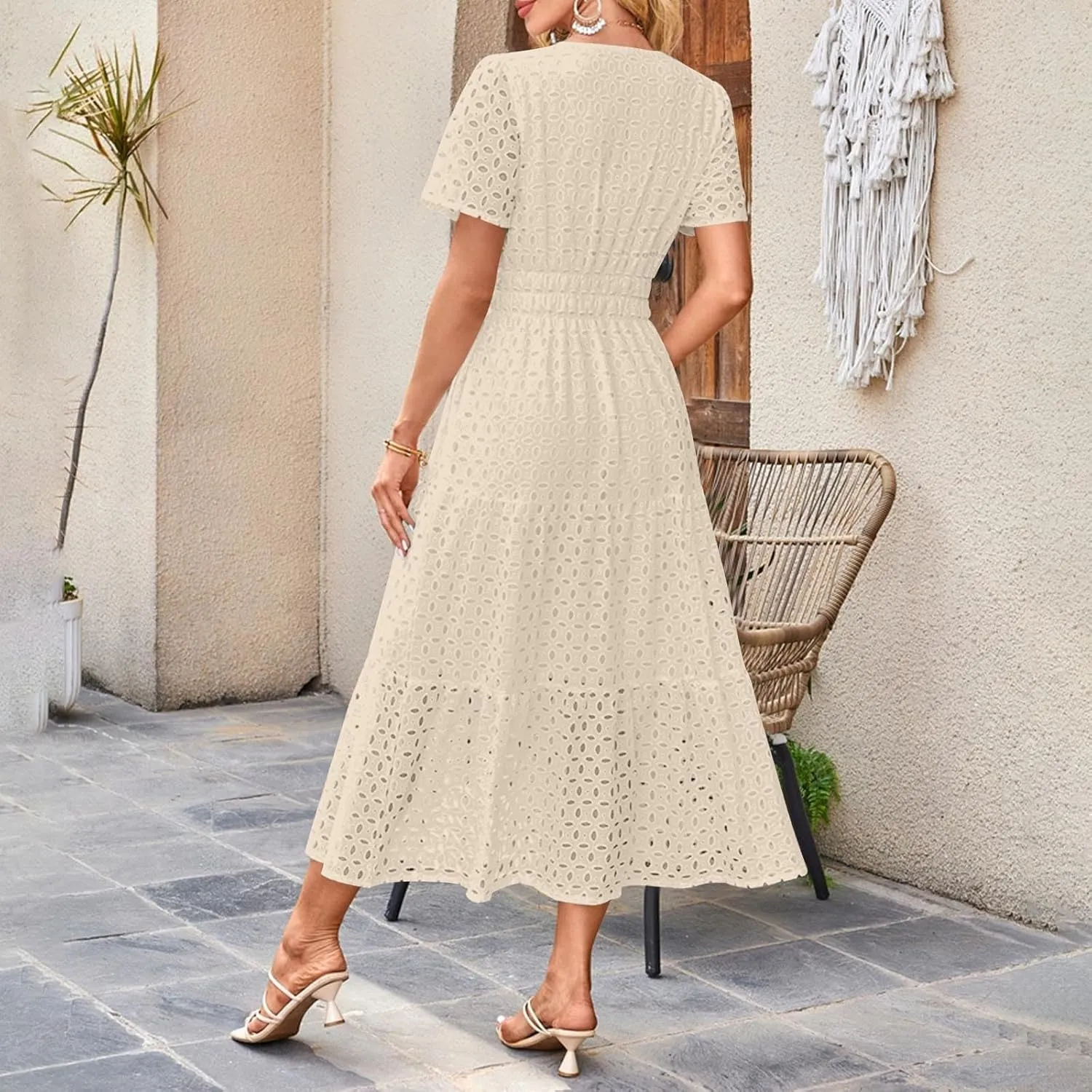Women's Summer Short Sleeve A-Line Midi Dresses Casual Solid Color Long Dress Flowy Beach Sundress with Pockets S-XXL