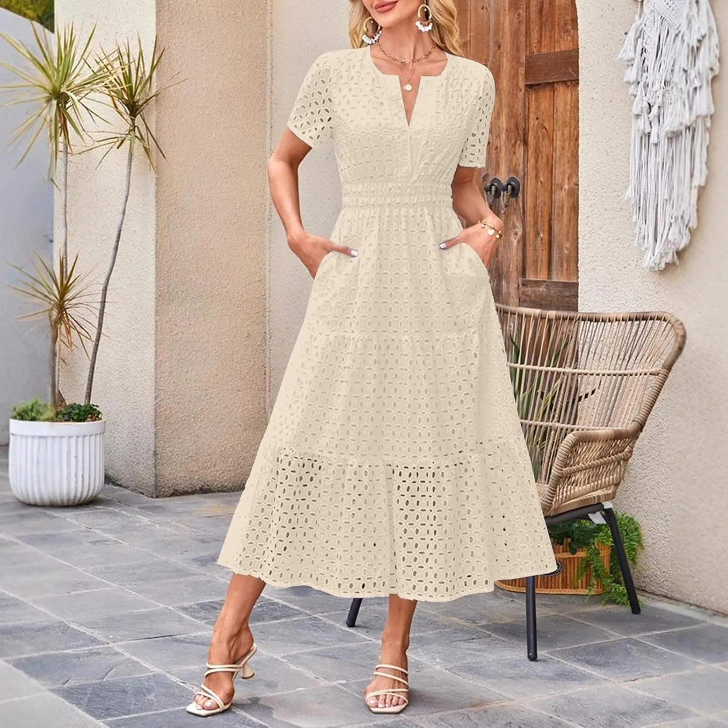 Women's Summer Short Sleeve A-Line Midi Dresses Casual Solid Color Long Dress Flowy Beach Sundress with Pockets S-XXL
