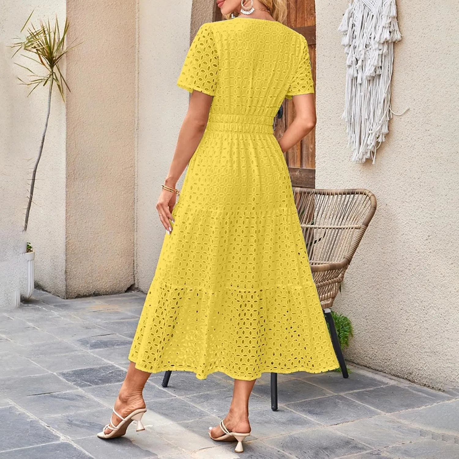 Women's Summer Short Sleeve A-Line Midi Dresses Casual Solid Color Long Dress Flowy Beach Sundress with Pockets S-XXL