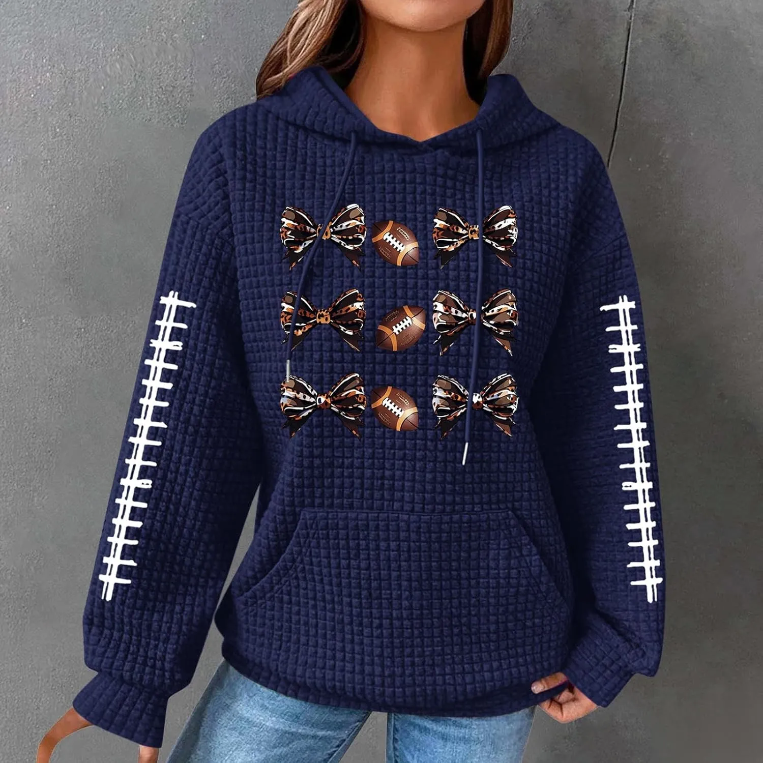 Womens Waffle Knit Hoodies Funny Football Graphic Shirt Game Day Hooded Sweatshirt Casual Pullover Tops 2025